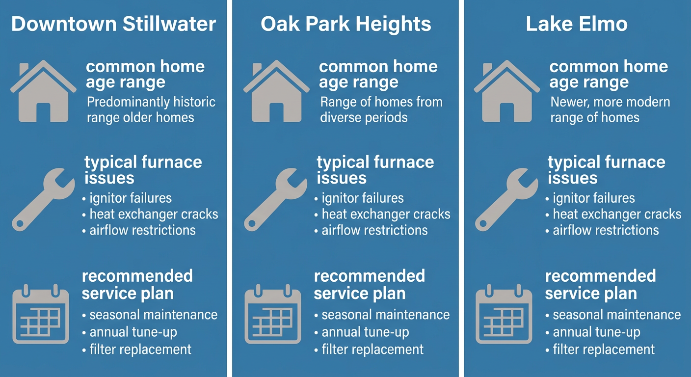 Neighborhood comparison infographic with three columns for Downtown Stillwater, Oak Park Heights, and Lake Elmo