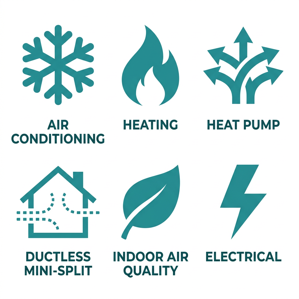 Icon set showing HVAC services in Stillwater: air conditioning, heating, heat pump, ductless mini-split, indoor air quality, and electrical