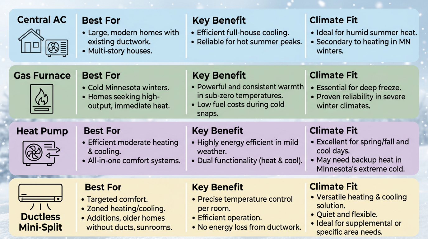 Infographic comparing four HVAC system types--Central AC, Gas Furnace, Heat Pump, Ductless Mini-Split--with columns for Best For, Key Benefit, and Climate Fit, set over a snowy background.
