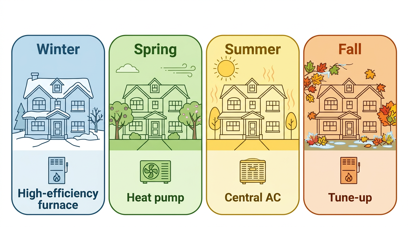 Seasonal HVAC needs infographic for Stillwater, Minnesota, showing four panels: winter furnace, spring heat pump, summer AC, fall furnace tune-up, with icons and short labels.