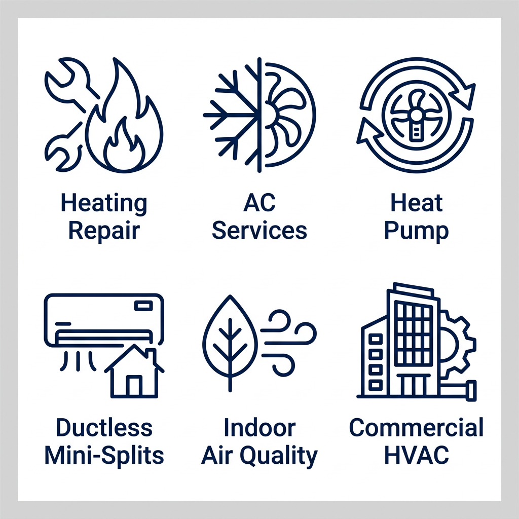 Grid of six outline icons representing Schwantes Heating's HVAC services: heating repair, AC, heat pump, ductless mini-splits, indoor air quality, and commercial HVAC, with labels in deep navy blue on white background.