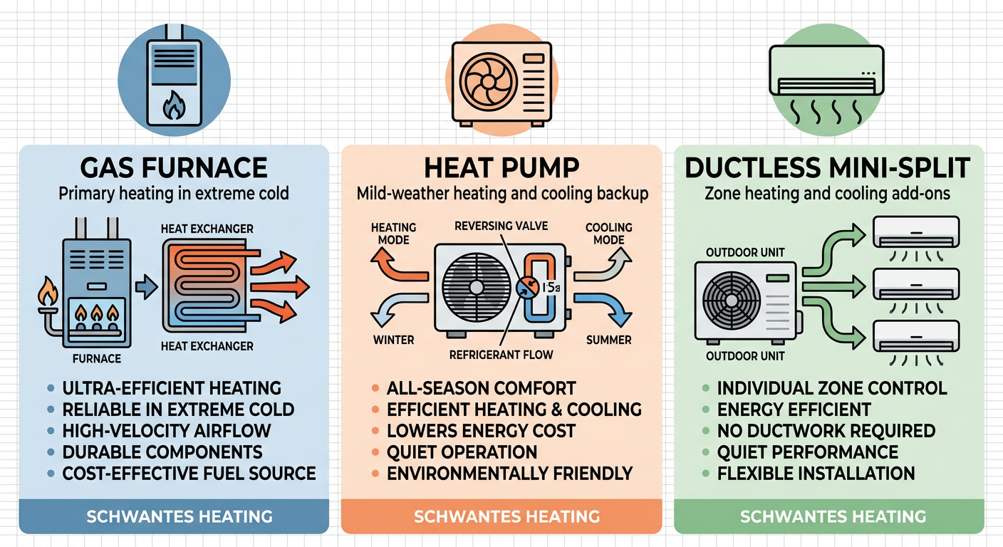 Three-column comparison infographic of HVAC systems for Stillwater homes featuring gas furnace, heat pump, and ductless mini-split with distinct blue, orange, and green color coding on a white grid background.