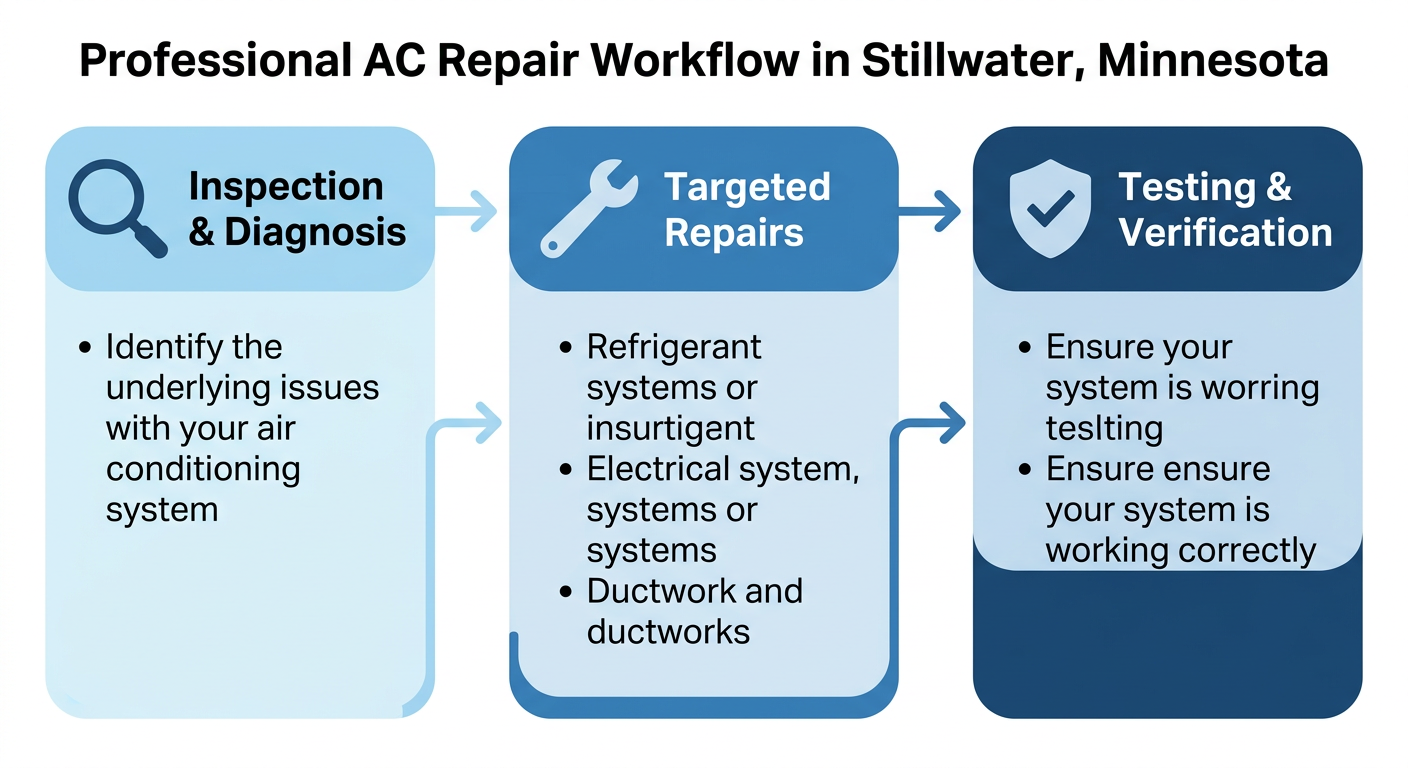 Horizontal process flow diagram showing three steps of professional AC repair: Inspection and Diagnosis with magnifying glass icon, Targeted Repairs with wrench icon, and Testing and Verification with shield and checkmark icon, connected by arrows in blue shades.