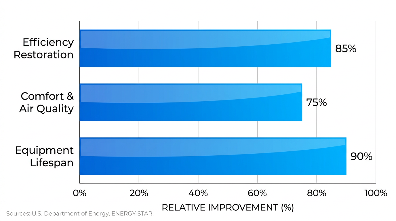 Horizontal bar chart comparing efficiency restoration, comfort and air quality, and equipment lifespan benefits of professional AC service, with percentage improvements labeled and source citations from DOE and ENERGY STAR.