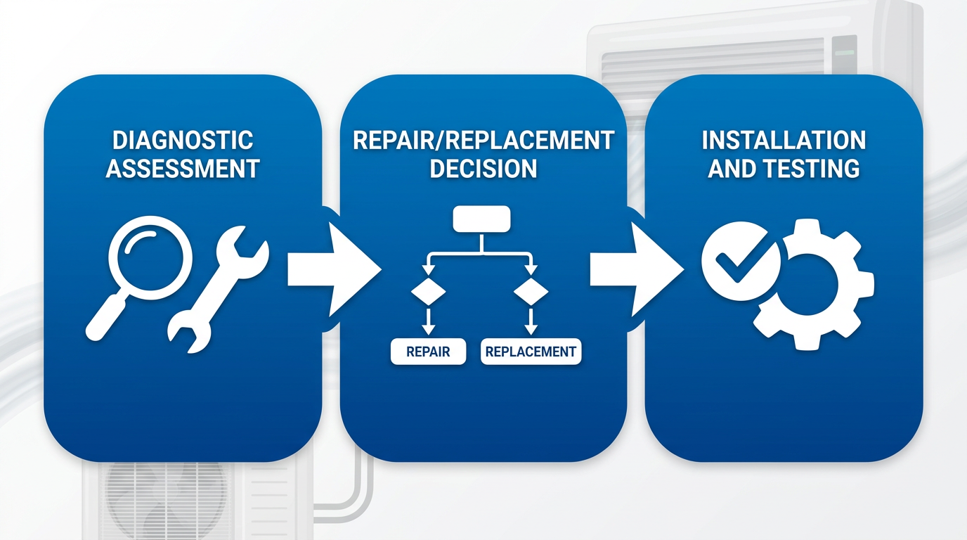 A horizontal process flow diagram showing three steps of professional air conditioning repair in Stillwater: Initial Diagnostic Assessment, Repair or Replacement Decision, and Completed Installation and Testing, with blue gradient icons and directional arrows.