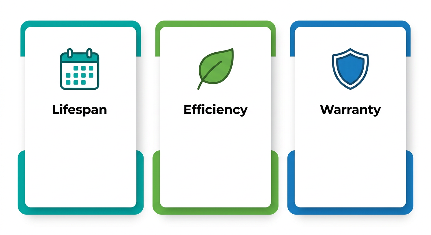 Three-column infographic with icons and short labels for AC repair benefits: equipment lifespan, energy efficiency, and warranty peace of mind for Schwantes Heating.