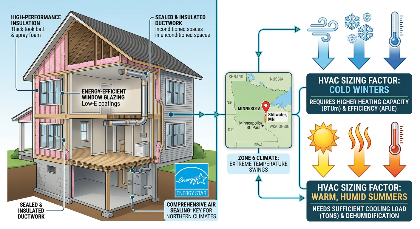 Educational infographic illustrating a home cross-section with insulation and ductwork callouts, a Minnesota map highlighting Stillwater, and climate icons linking weather to HVAC sizing, with Energy Star logo, in blue and green tones.