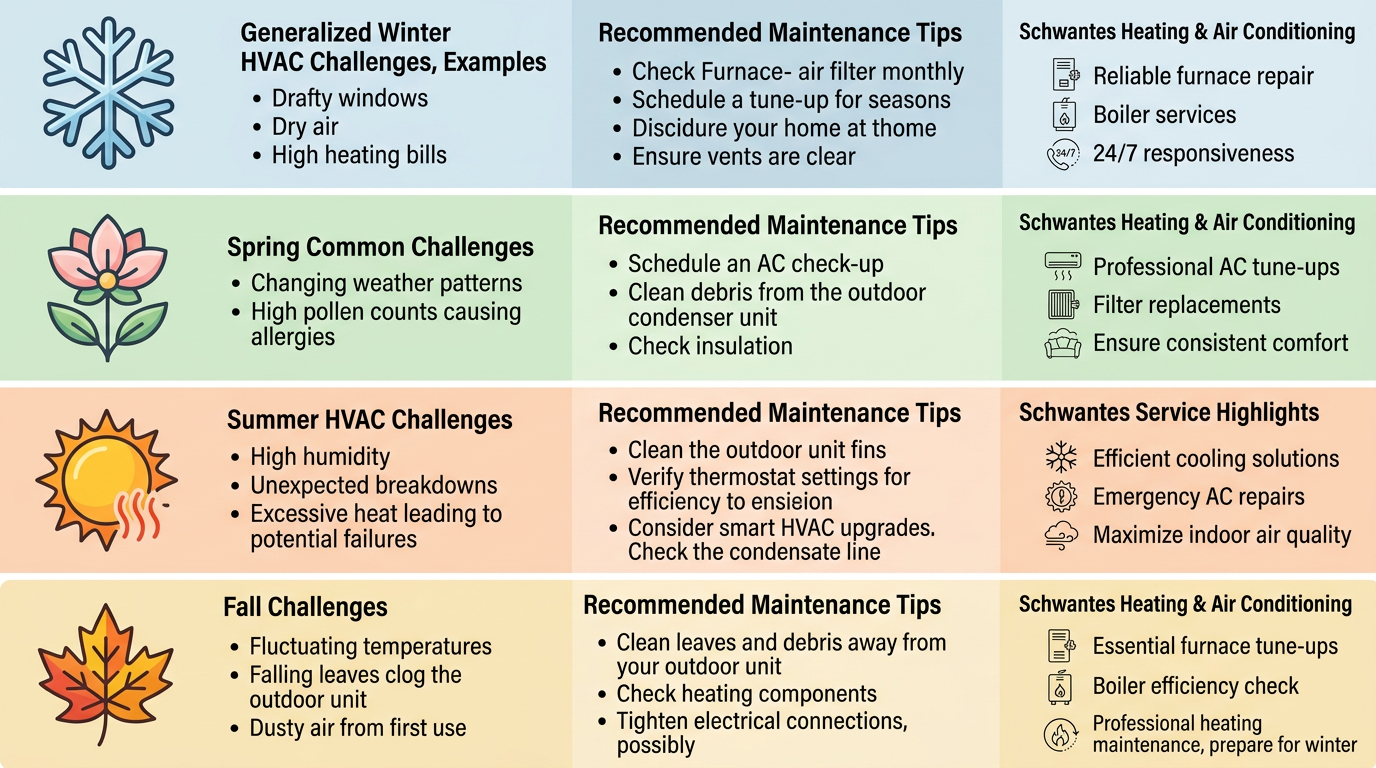 Infographic with four seasonal panels showing HVAC tips for Stillwater: Winter snowflake with heating maintenance, Spring flower with AC prep, Summer sun with cooling efficiency, Fall leaf with heating check, all with Schwantes service details.