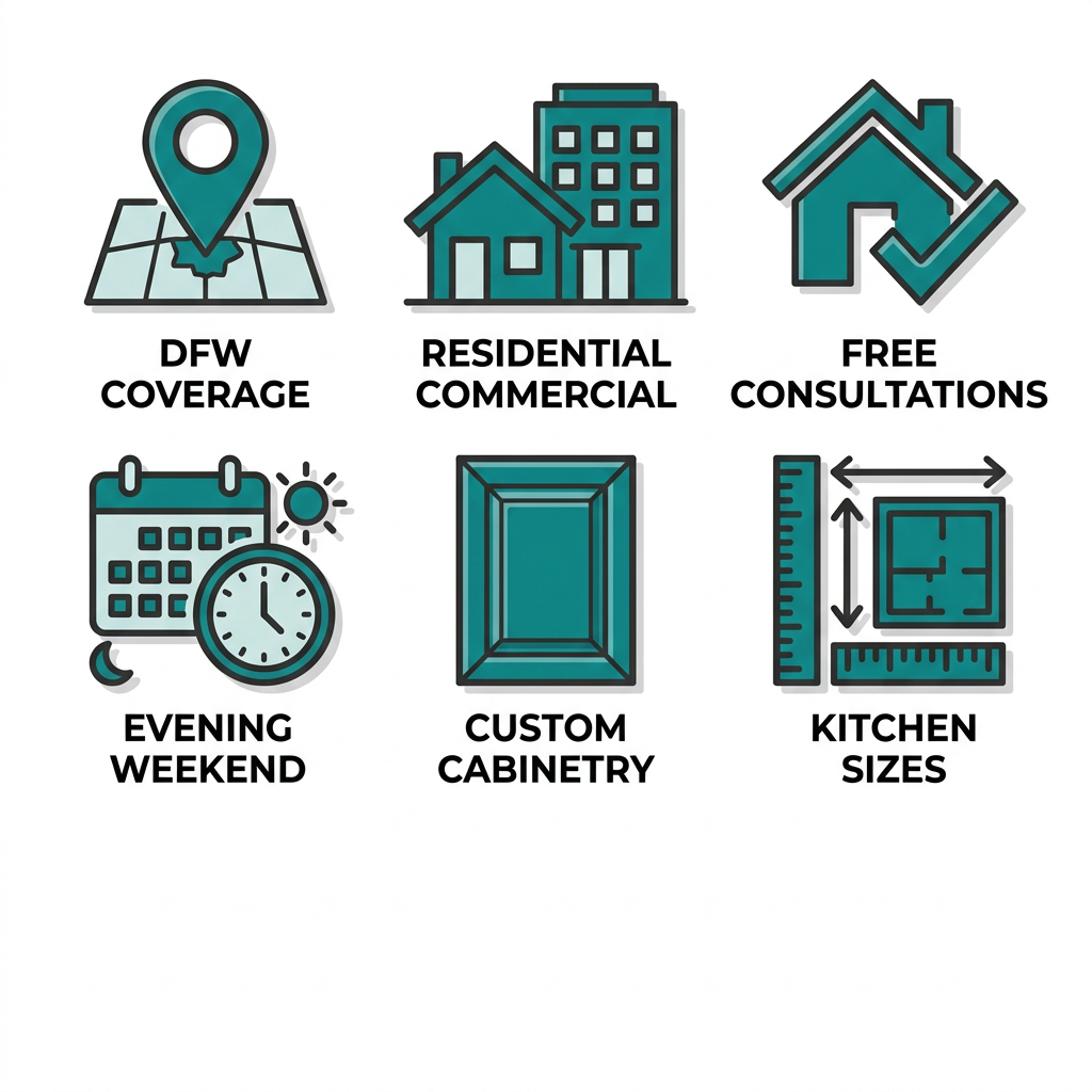 Six flat-style icons in a 2x3 grid representing Kitchen Remodel Masters Dallas service features: DFW metro coverage, residential/commercial projects, free consultations, evening/weekend appointments, custom cabinetry, and all kitchen sizes, with teal and dark gray palette on white.