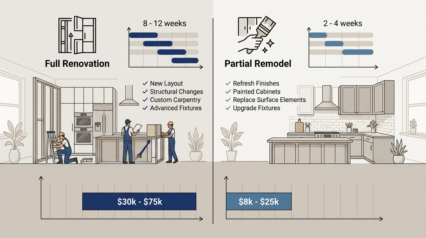 Side-by-side comparison infographic of full kitchen renovation versus partial remodel in Dallas. Full renovation: $30k-$75k, 8-12 weeks. Partial remodel: $8k-$25k, 2-4 weeks.