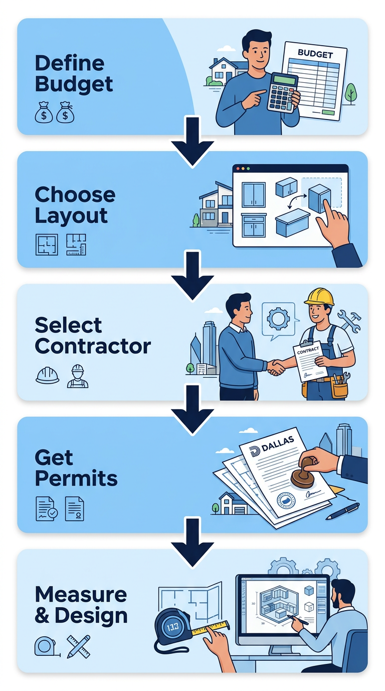 Vertical process flow diagram illustrating five steps for kitchen renovation preparation: define budget, choose layout, select contractor, get permits, measure and design. Blue and white minimalist style with downward arrows connecting the stages.