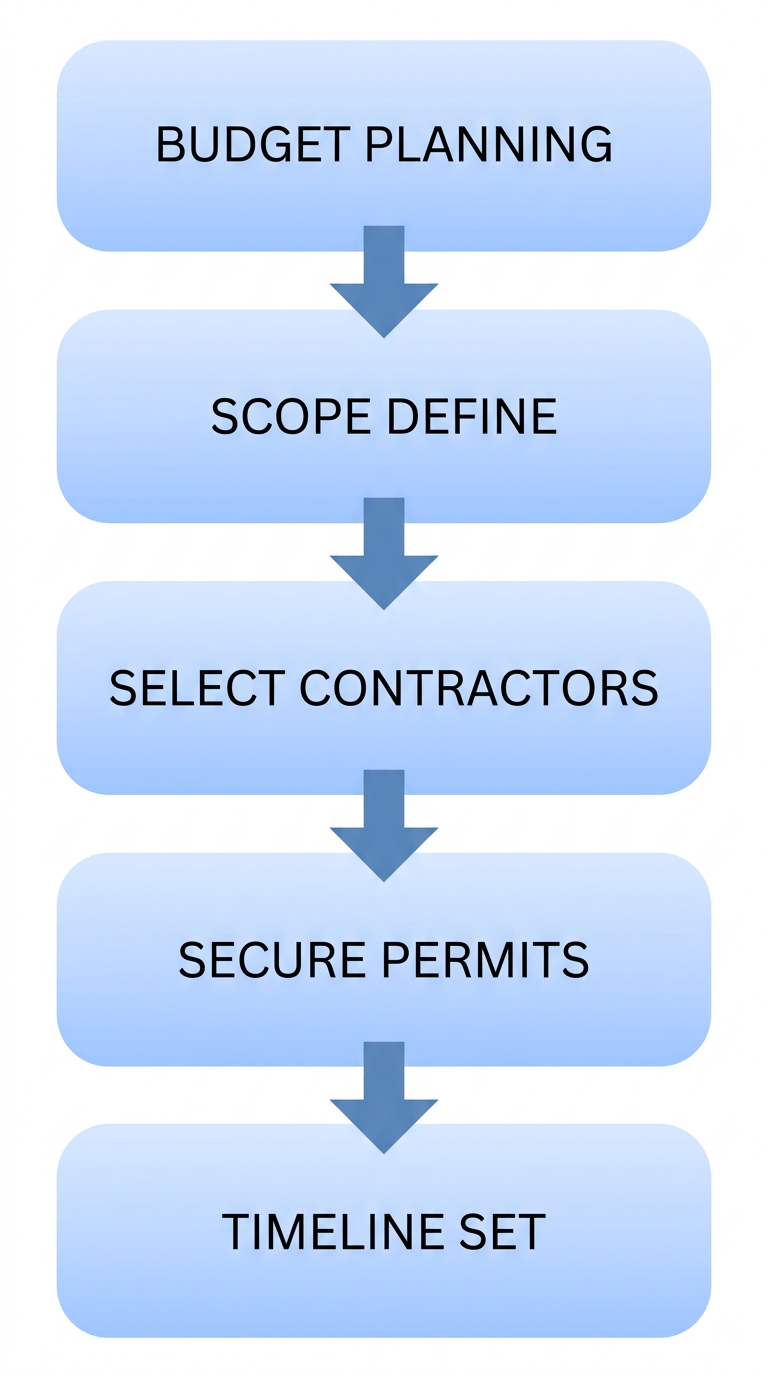 Five-step vertical process flow diagram illustrating a kitchen remodeling project roadmap: Set Budget, Define Scope, Research Contractors, Obtain Permits, and Create Timeline, with rounded rectangle cards in soft blue gradient connected by arrows on a white background, no title text present.