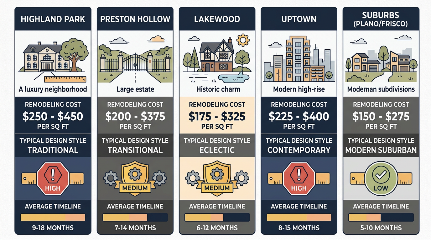 Comparison infographic of Dallas neighborhoods for kitchen remodeling: Highland Park, Preston Hollow, Lakewood, Uptown, and Suburbs, showing cost, style, permit complexity, and timeline.
