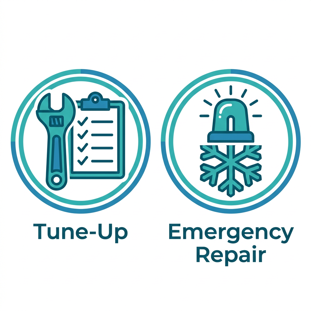 Two flat-style icons: left shows a wrench and checklist for AC tune-up, right shows a siren and snowflake for emergency repair, using teal and blue colors on white.