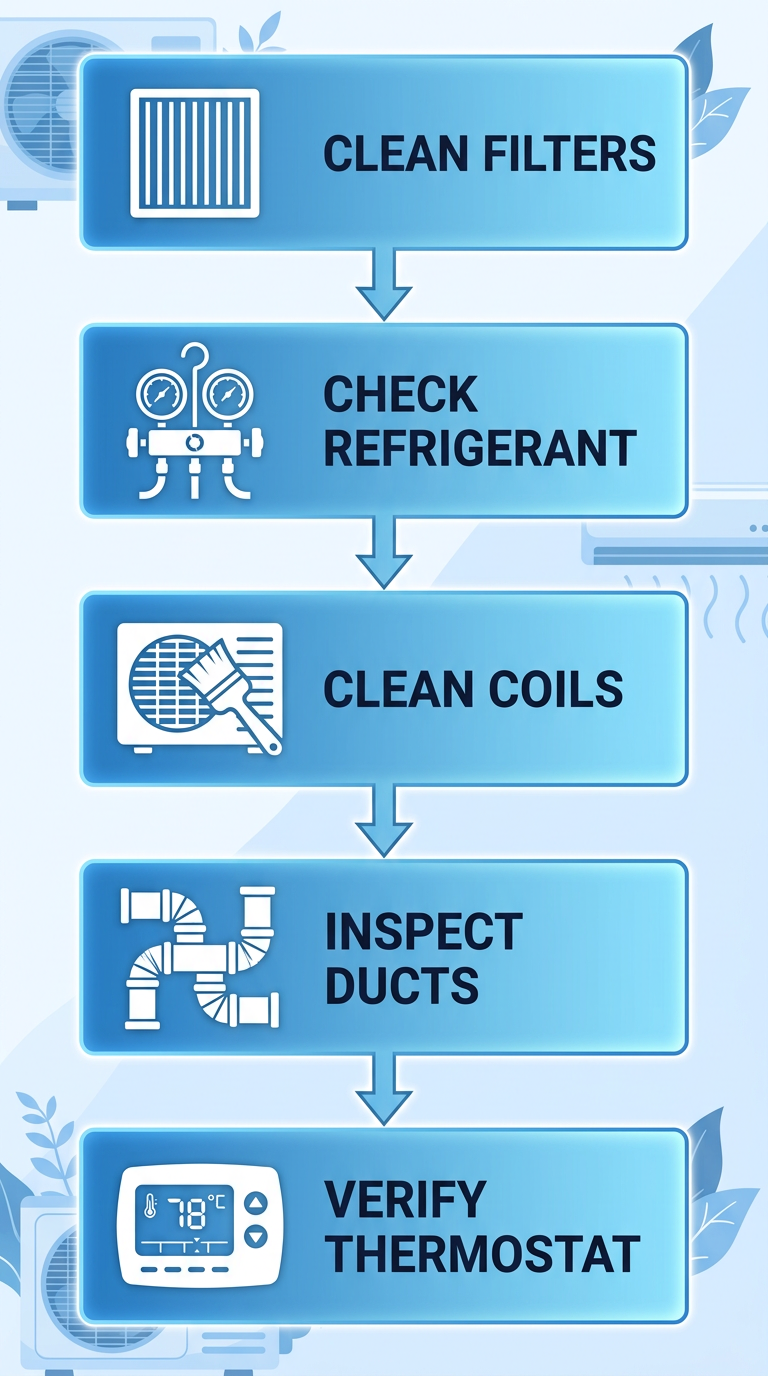 Vertical process flow diagram with five steps for seasonal AC maintenance: cleaning filters, checking refrigerant, cleaning coils, inspecting ducts, and verifying thermostat, using blue gradient boxes and white icons.