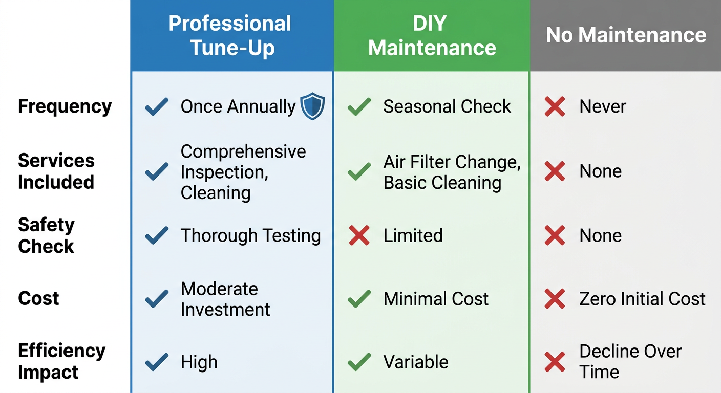 Comparative infographic displaying three furnace maintenance columns: professional tune-up in blue, DIY maintenance in green, and no maintenance in gray, with rows for frequency, included services, safety check, cost, and efficiency impact using icons.