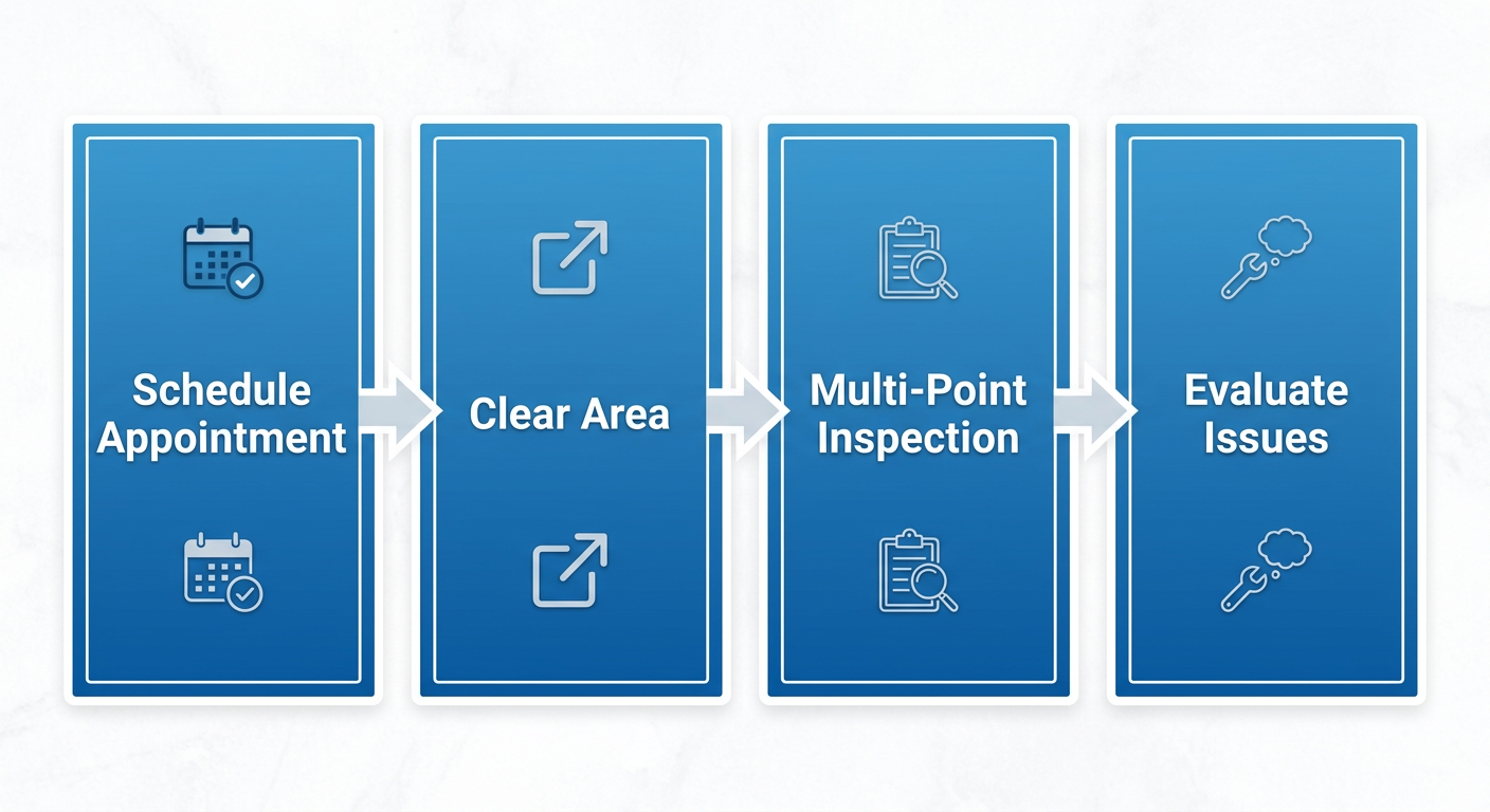 Four-step process flow diagram for a furnace tune-up appointment at Schwantes Heating, with icons and labels for schedule appointment, clear area around furnace, multi-point inspection, and evaluate issues.