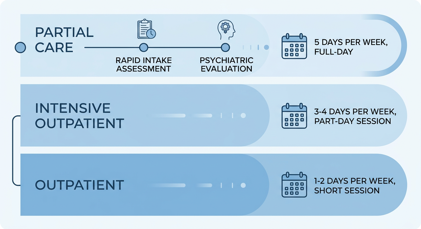 Timeline infographic depicting three program levels of dual diagnosis treatment at Taylor Care Tuckerton: Partial Care, Intensive Outpatient, and Outpatient, with intake assessment and psychiatric evaluation milestones highlighted in the first segment.