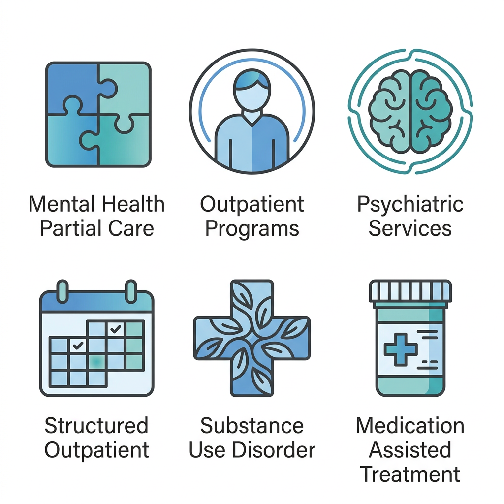 Icon set representing six behavioral health programs at Taylor Care Tuckerton: Mental Health Partial Care, Outpatient Programs, Psychiatric Services, Structured Outpatient, Substance Use Disorder, and Medication Assisted Treatment.