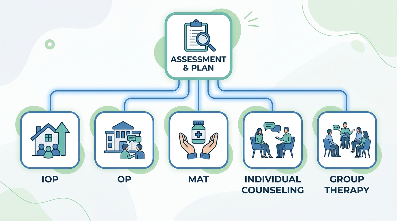 Infographic illustrating the continuum of substance use disorder care at Taylor Care, featuring a central Assessment and Personalized Plan node branching to IOP, OP, MAT, Individual Counseling, and Group Therapy services in calming blue and green tones.
