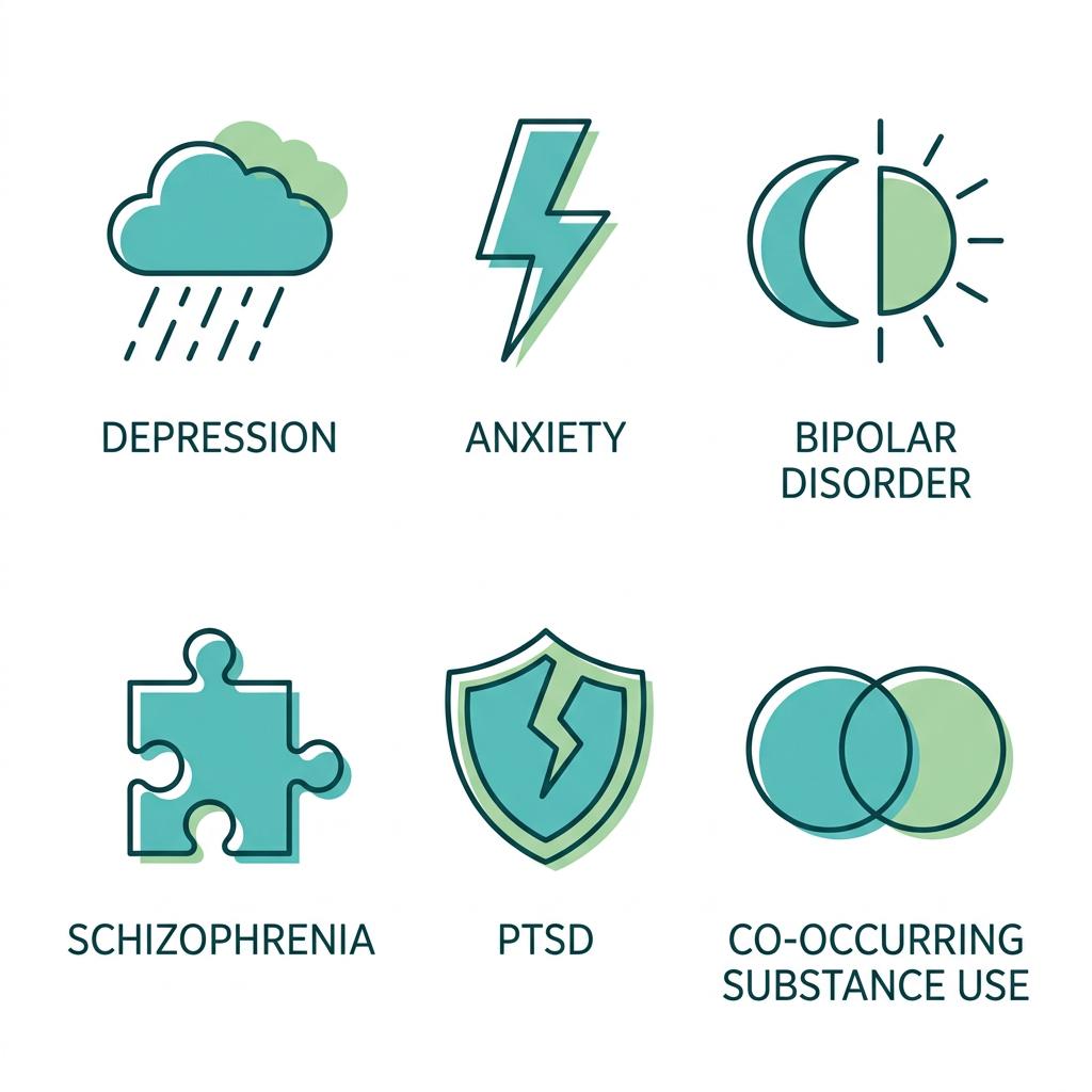 Flat line icon grid showing six mental health conditions treated at Taylor Care Tuckerton outpatient programs: Depression, Anxiety, Bipolar Disorder, Schizophrenia, PTSD, and Co-occurring Substance Use, with teal and green color scheme on white background.