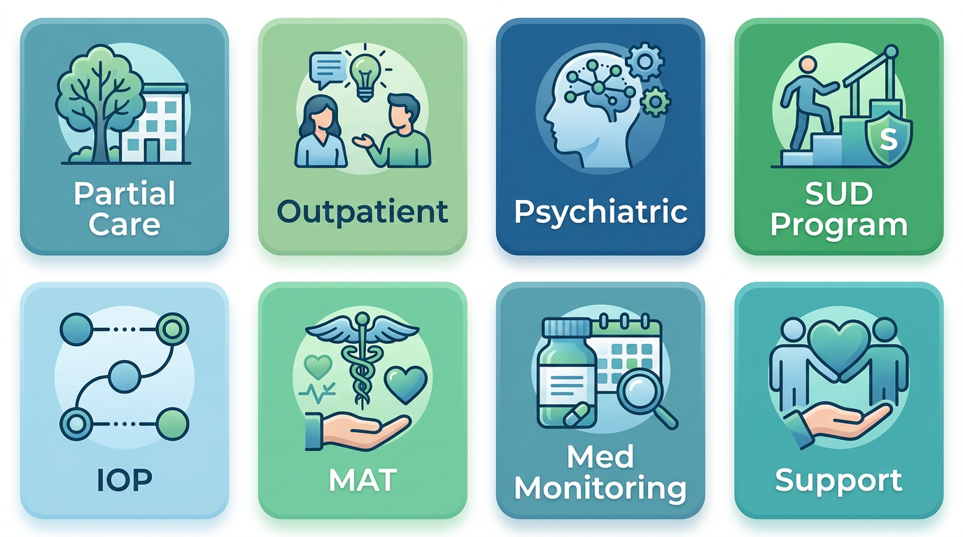 Infographic showing Taylor Care's behavioral health services in Berlin NJ: eight program modules including partial care, outpatient, psychiatric, substance use disorder, IOP, MAT, medication monitoring, and support services.