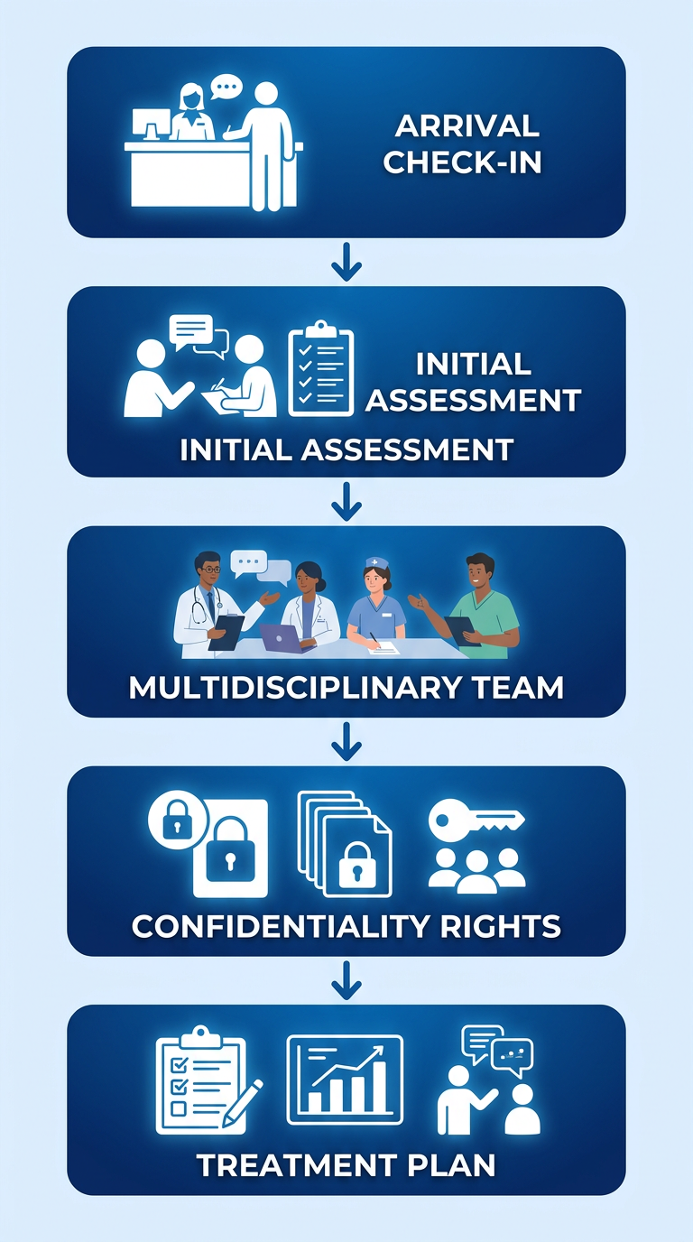 Vertical process flow showing 5 steps for a first visit at Taylor Care Berlin: Arrival Check-in, Initial Assessment, Multidisciplinary Team, Confidentiality Rights, and Treatment Plan, with white icons on blue gradient cards connected by arrows.