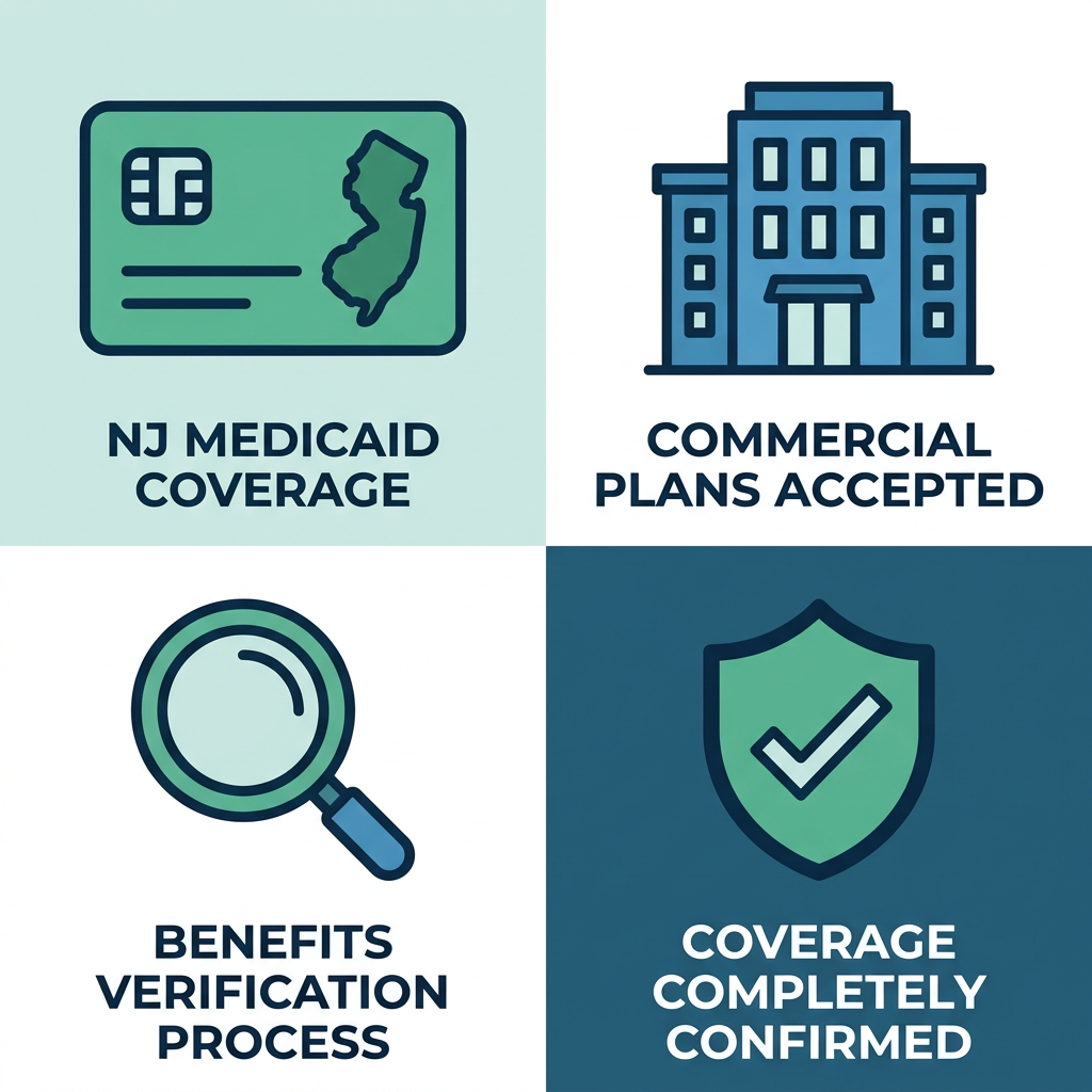 Icon set in a 2x2 grid showing NJ Medicaid green medical card, Commercial Insurance blue building, We Verify Benefits magnifying glass, and Coverage Confirmation checkmark shield for Taylor Care IOP coverage.