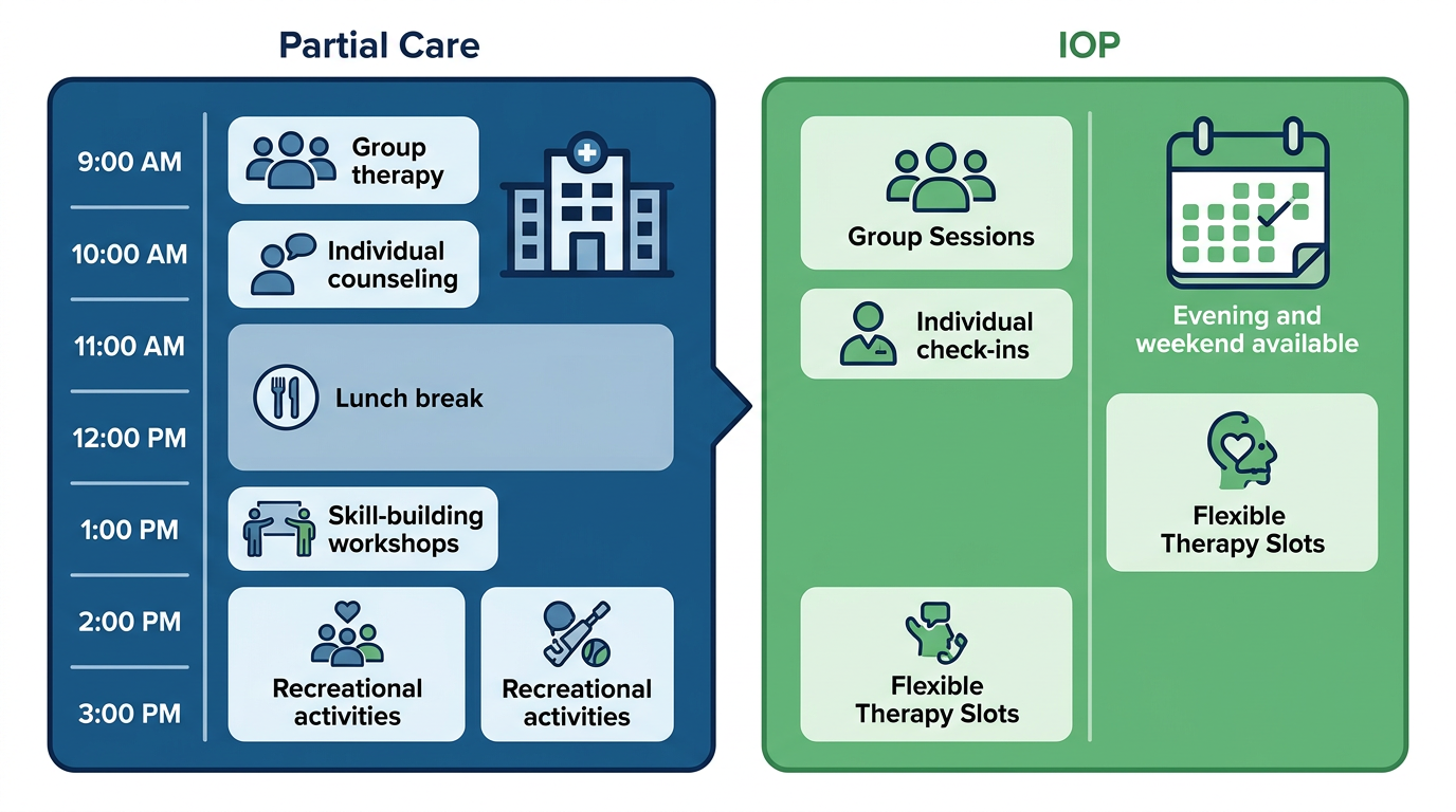 Infographic comparing Partial Care and Intensive Outpatient programs: left panel shows daily-intensive structured schedule with building icon, right panel shows flexible evening schedule with calendar icon.