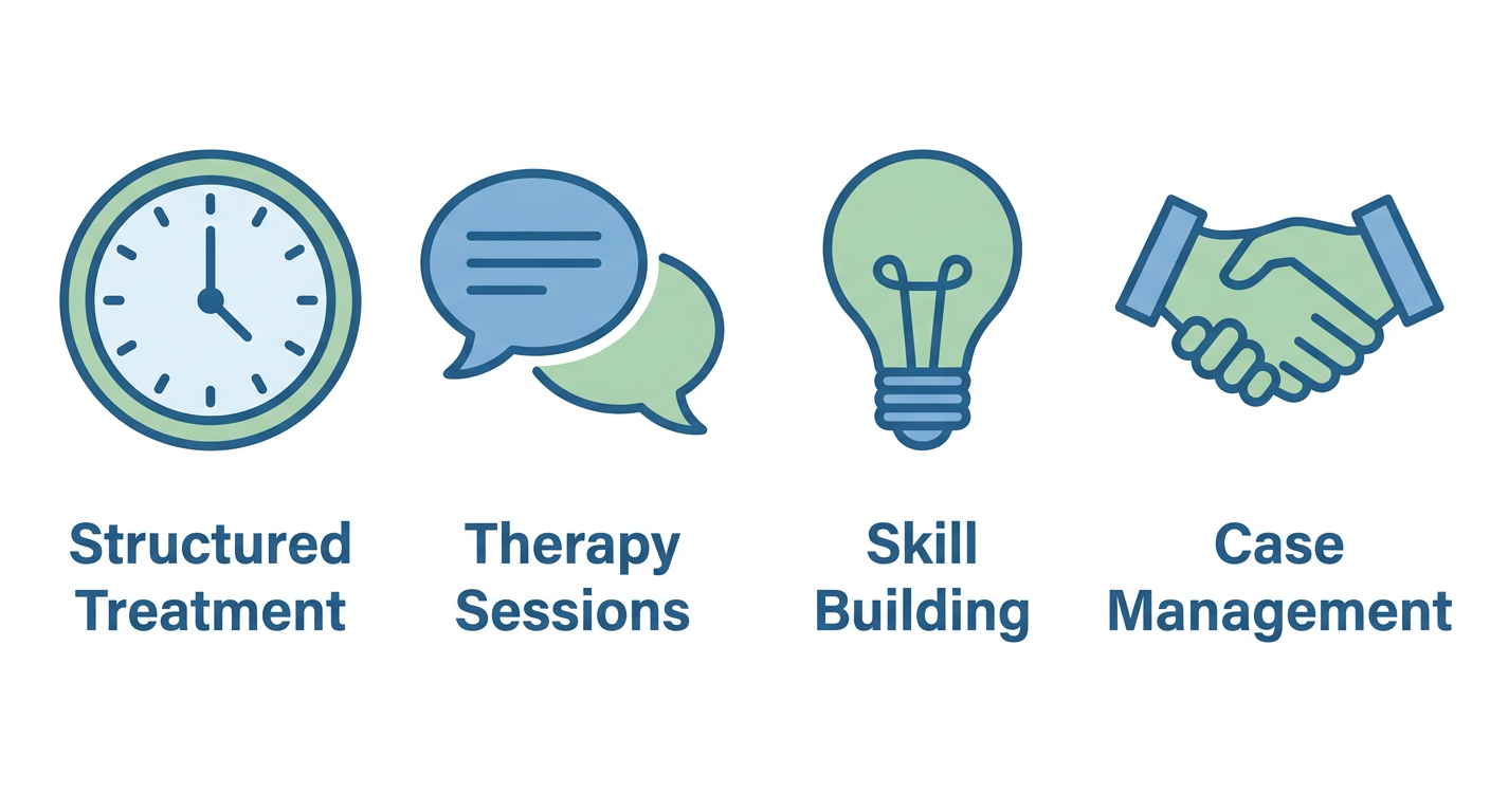 Partial care program components infographic showing structured daytime treatment, therapy sessions, skill building, and case management with calming blue and green icons.