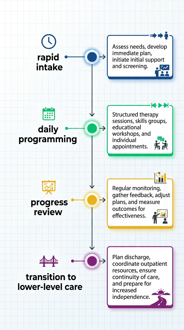 Vertical timeline showing four phases of behavioral health treatment: rapid intake, daily programming, progress review, and transition to lower-level care
