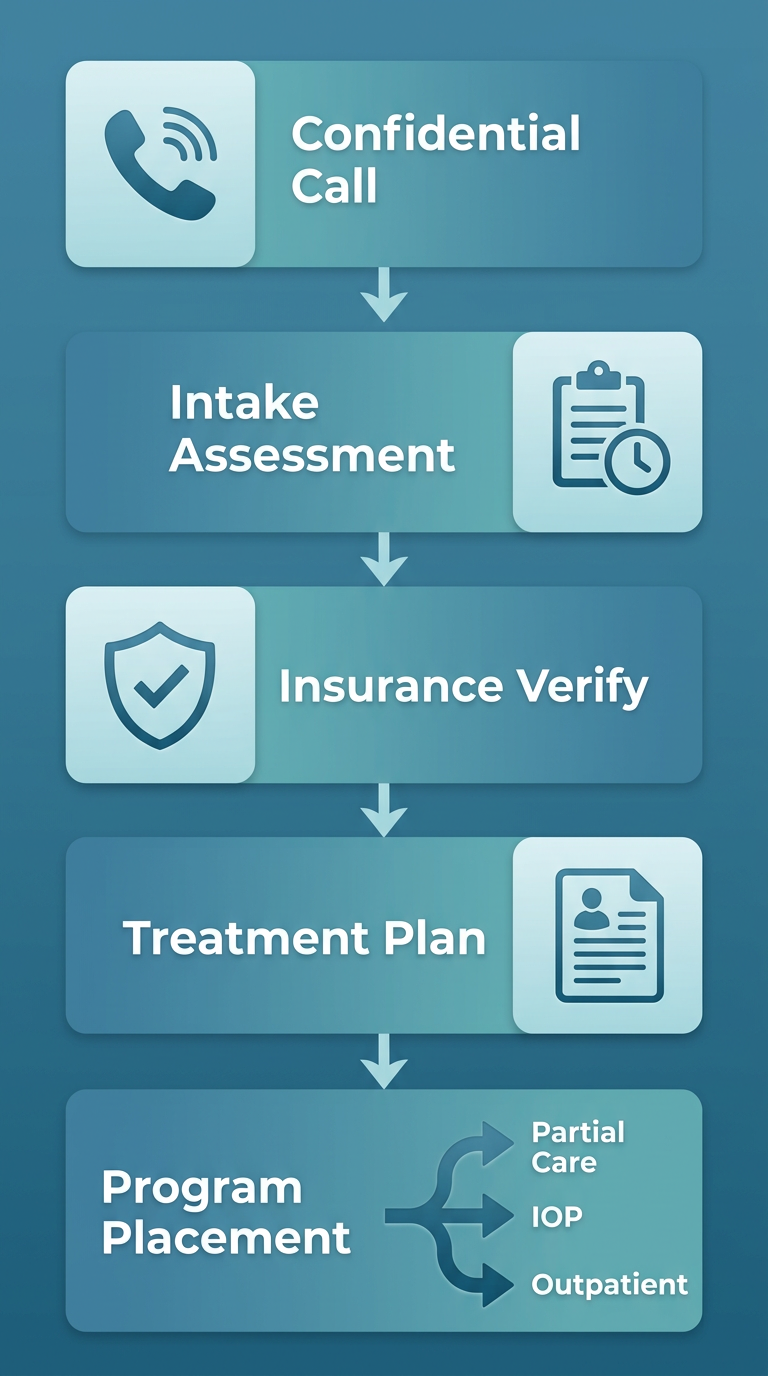 Vertical process flow of five steps for intake at Taylor Care Galloway: confidential call, assessment, insurance verification, treatment plan, and program placement.
