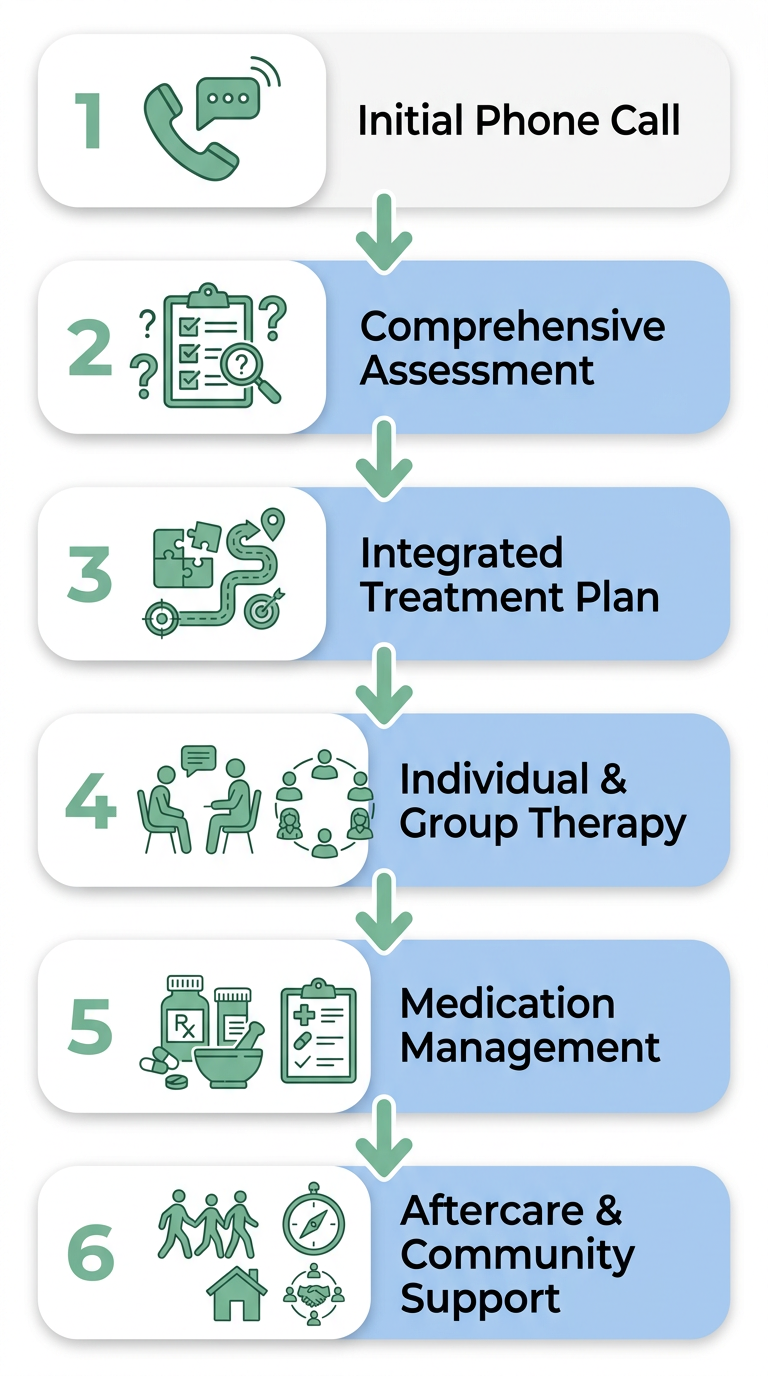 Vertical process flow illustrating six stages of integrated dual diagnosis treatment at Taylor Care in Berlin, NJ: assessment, therapy, medication management, and aftercare.
