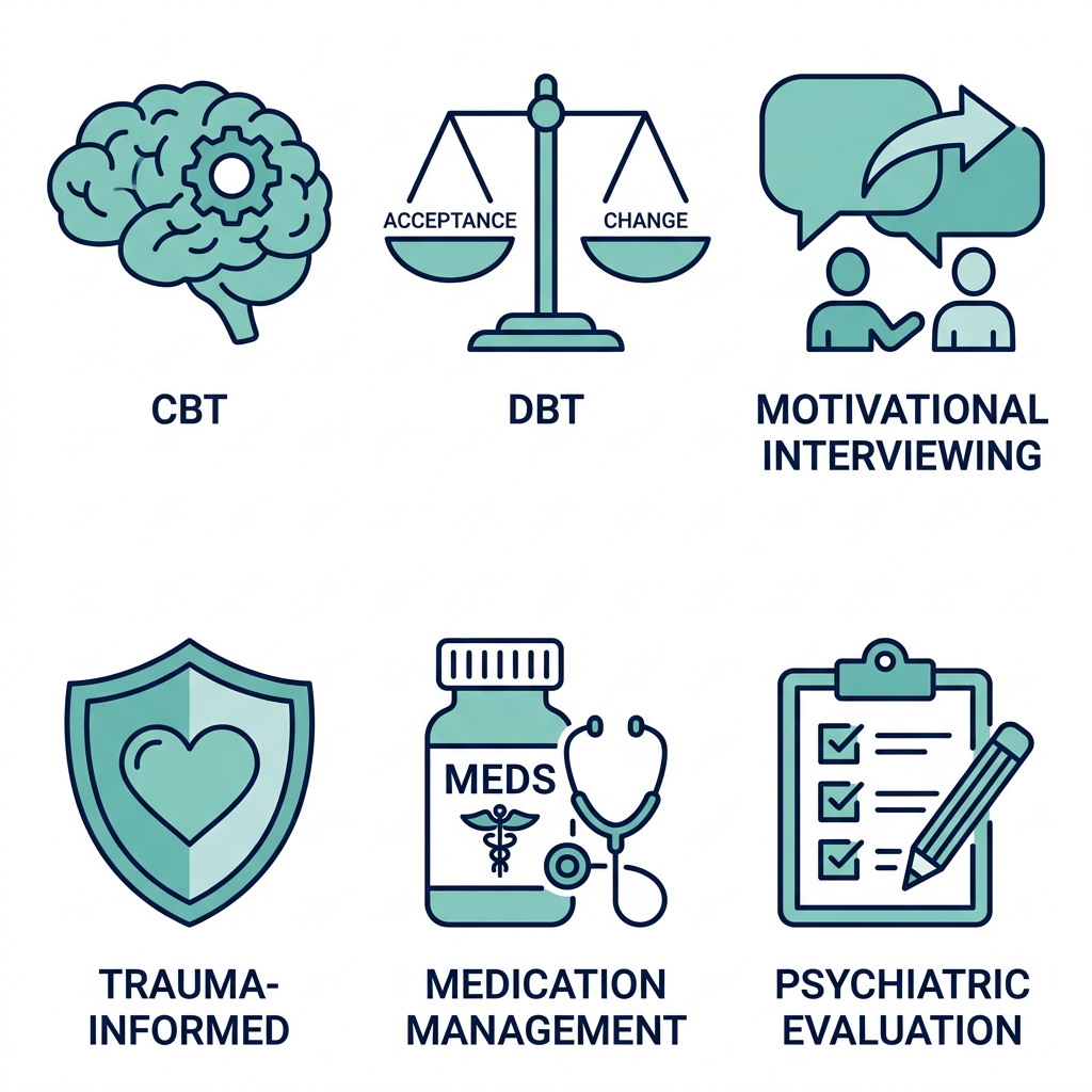 2x3 grid of six icons showing Cognitive Behavioral Therapy, Dialectical Behavior Therapy, Motivational Interviewing, Trauma-informed care, Medication management, and Psychiatric evaluation, each with an icon and label, teal and navy on white.