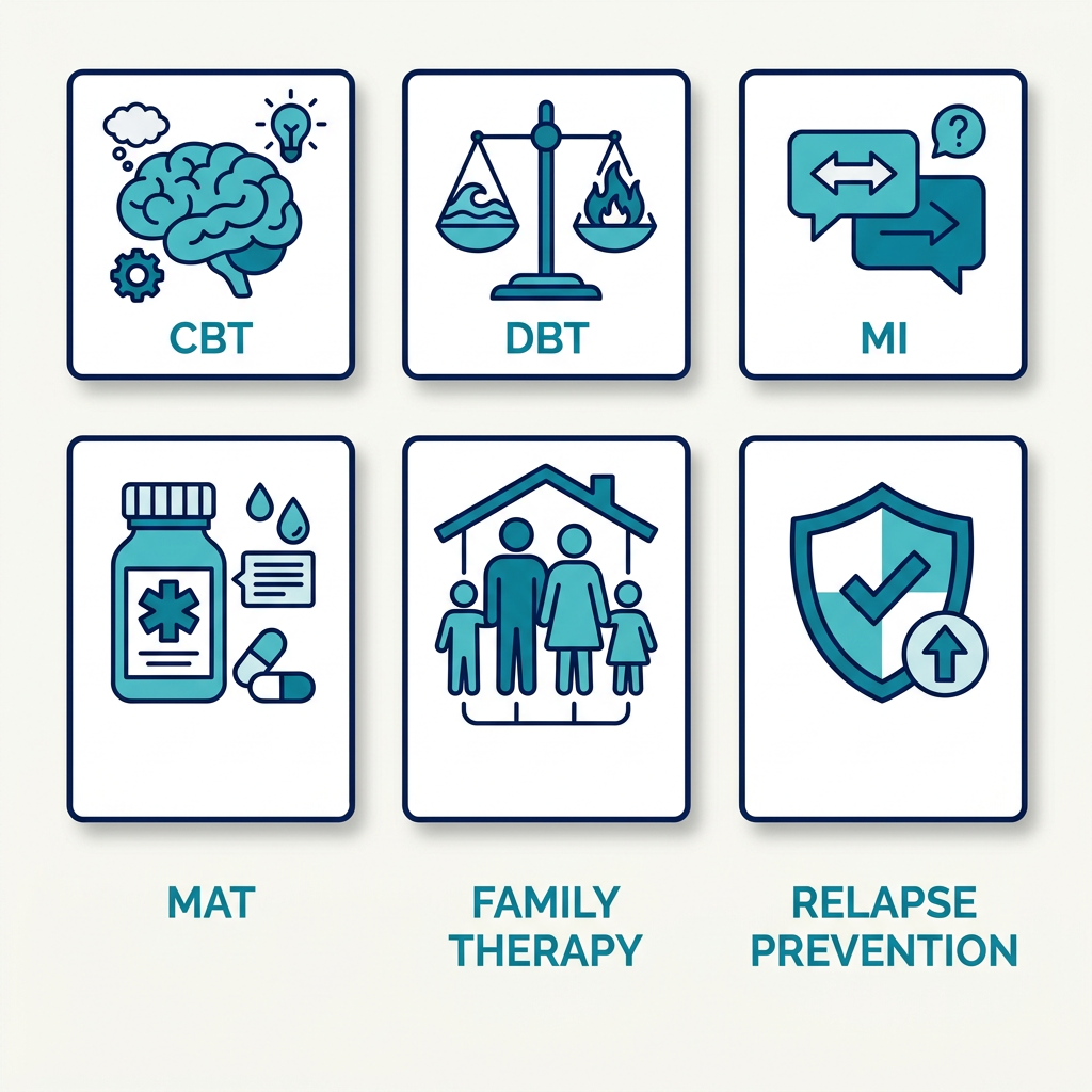 A 3x2 grid of flat icons representing six evidence-based therapies used by Taylor Care: CBT, DBT, MI, MAT, family therapy, and relapse prevention, in teal and navy on white cards.