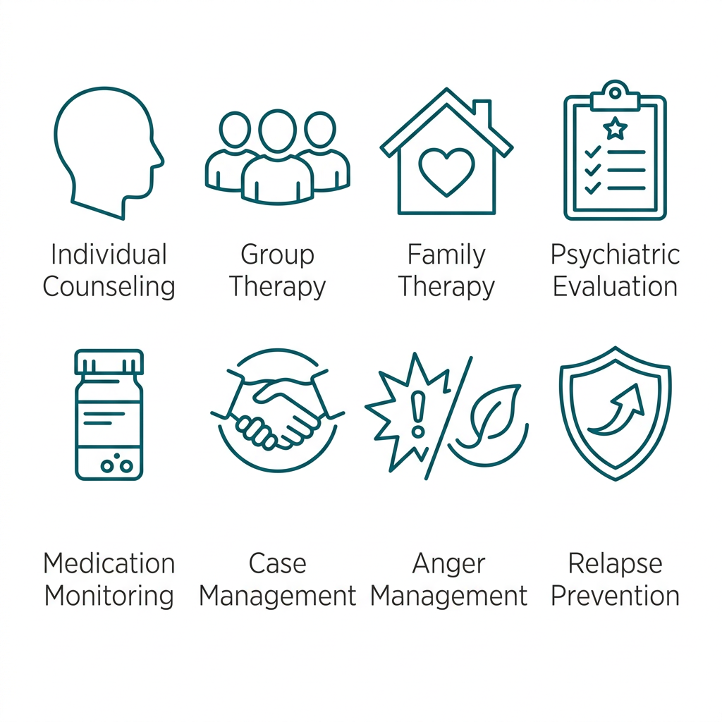 Grid of eight teal outline icons representing Taylor Care's behavioral health services