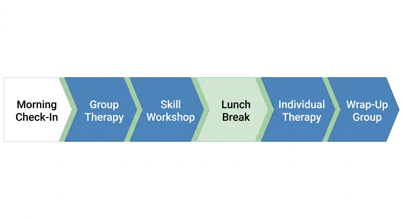 Horizontal timeline of a typical day in Taylor Care's partial care program in Galloway, New Jersey, showing six structured segments from morning check-in to afternoon wrap-up group.