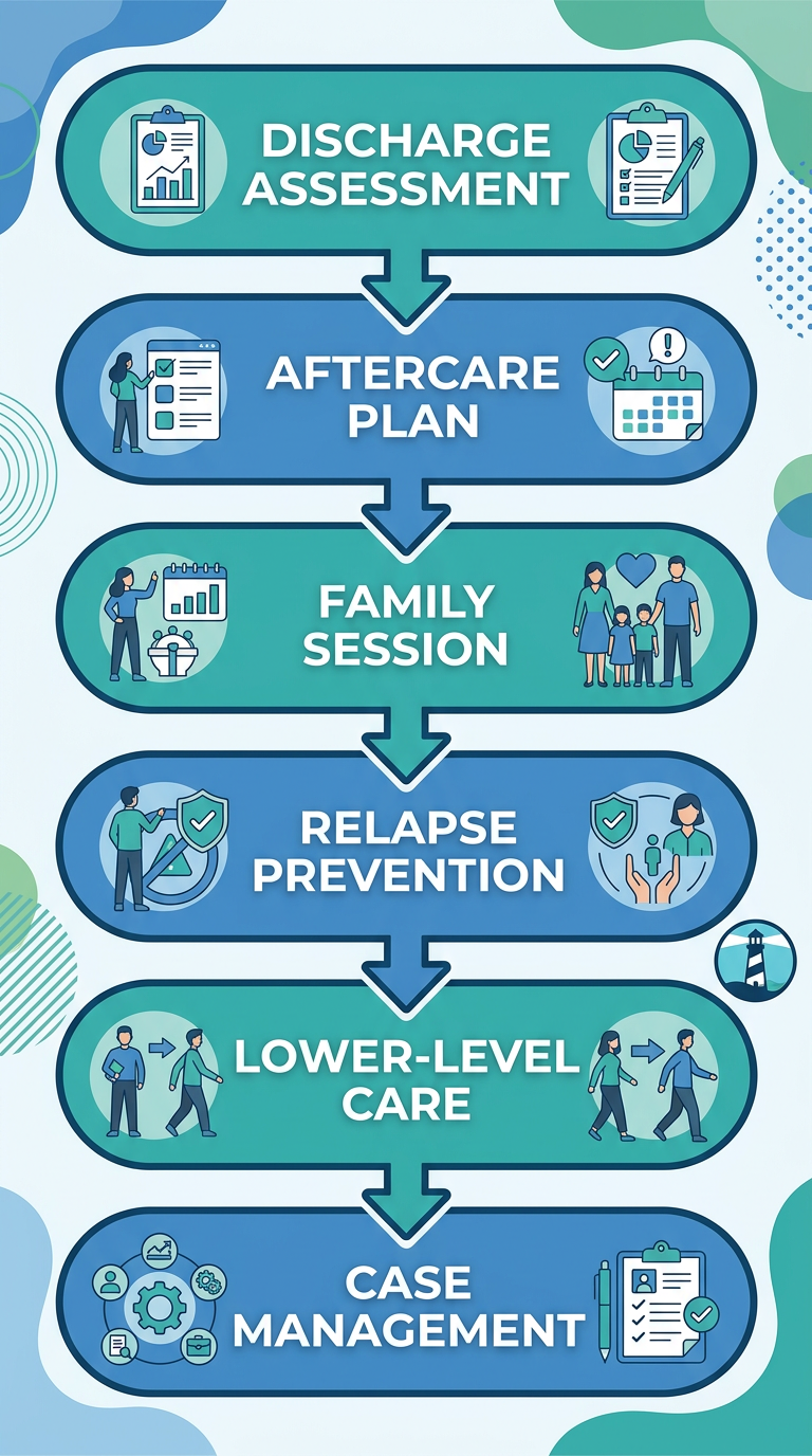 Vertical process-flow diagram illustrating six aftercare steps after partial care in Galloway, with stages from discharge assessment to case management, using calming blue and teal colors, no text titles.