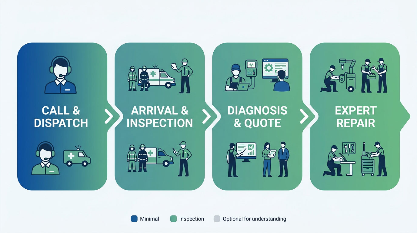 Emergency service visit process flow with four steps: Call & Dispatch, Arrival & Inspection, Diagnosis & Quote, Expert Repair.