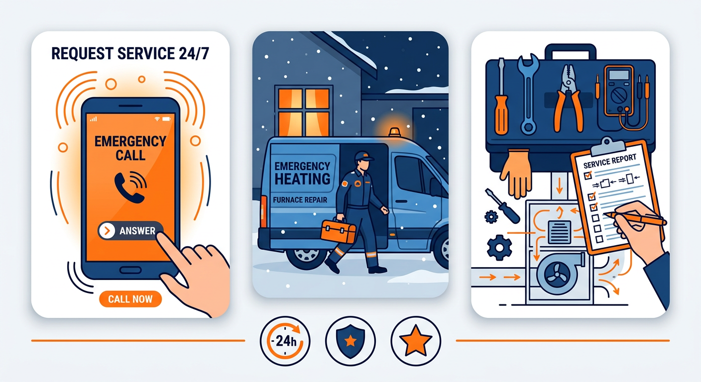Infographic showing emergency heating repair service with three panels and icons