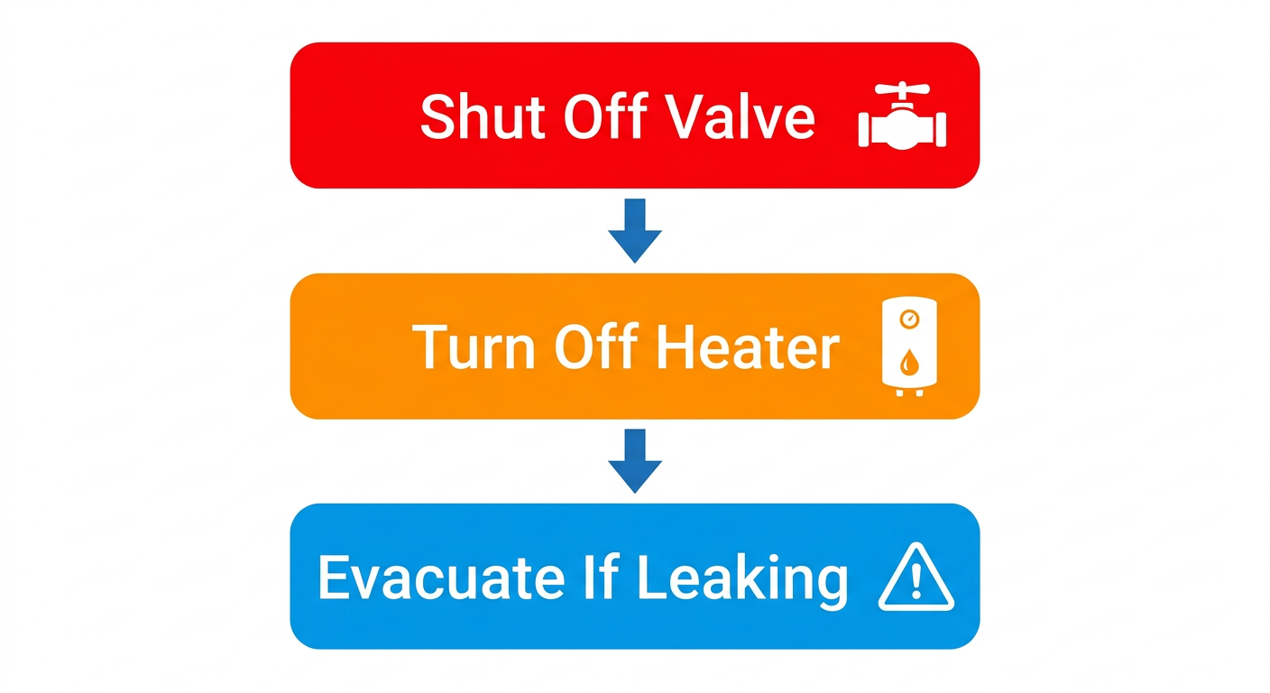 Vertical process flow diagram illustrating three emergency plumbing safety steps: shut off main water valve, turn off water heater, and evacuate if gas or significant flooding occurs. Bright red, orange, and blue stage panels with icons on a clean white background.