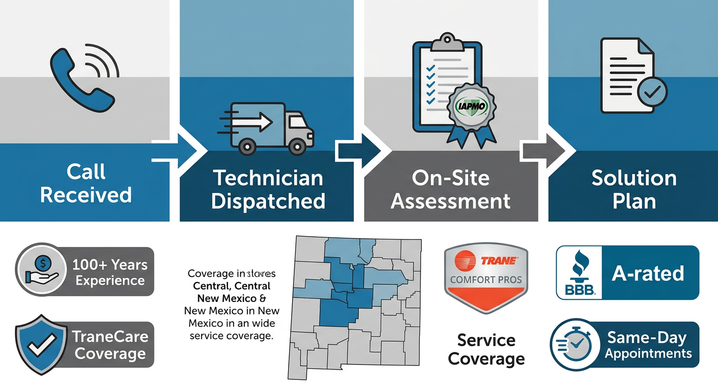 Horizontal infographic showing Ortega Plumbing's diagnostic process with four steps and a service coverage map of Central New Mexico surrounded by trust badges.