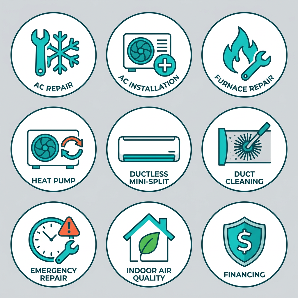 Ortega Plumbing Heating & Air offers a comprehensive 3x3 icon set of HVAC services accessible from Rio Rancho, New Mexico including AC repair and installation, furnace and heat pump repair, duct cleaning, and indoor air quality solutions