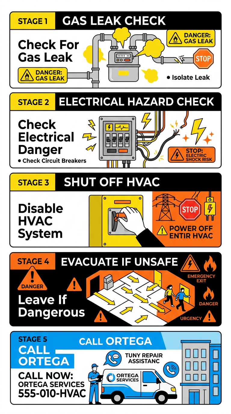 Safety triage process for HVAC emergencies showing steps: Check for Gas Leaks, Check for Electrical Hazards, Shut Off HVAC System, Evacuate if Unsafe, Call Ortega