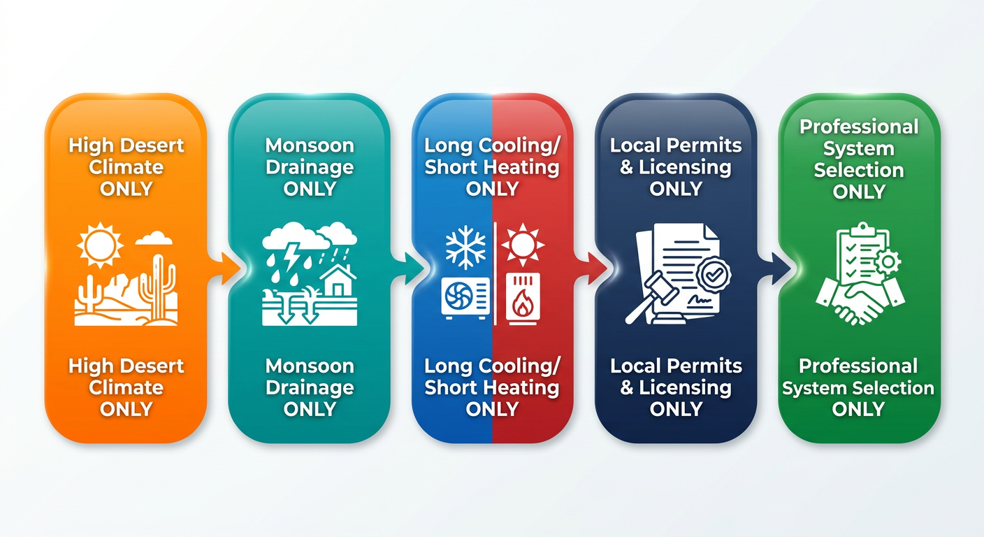 Horizontal process flow diagram showing five Albuquerque-specific HVAC considerations: High Desert Climate, Monsoon Drainage, Long Cooling/Short Heating, Local Permits & Licensing, Professional System Selection.