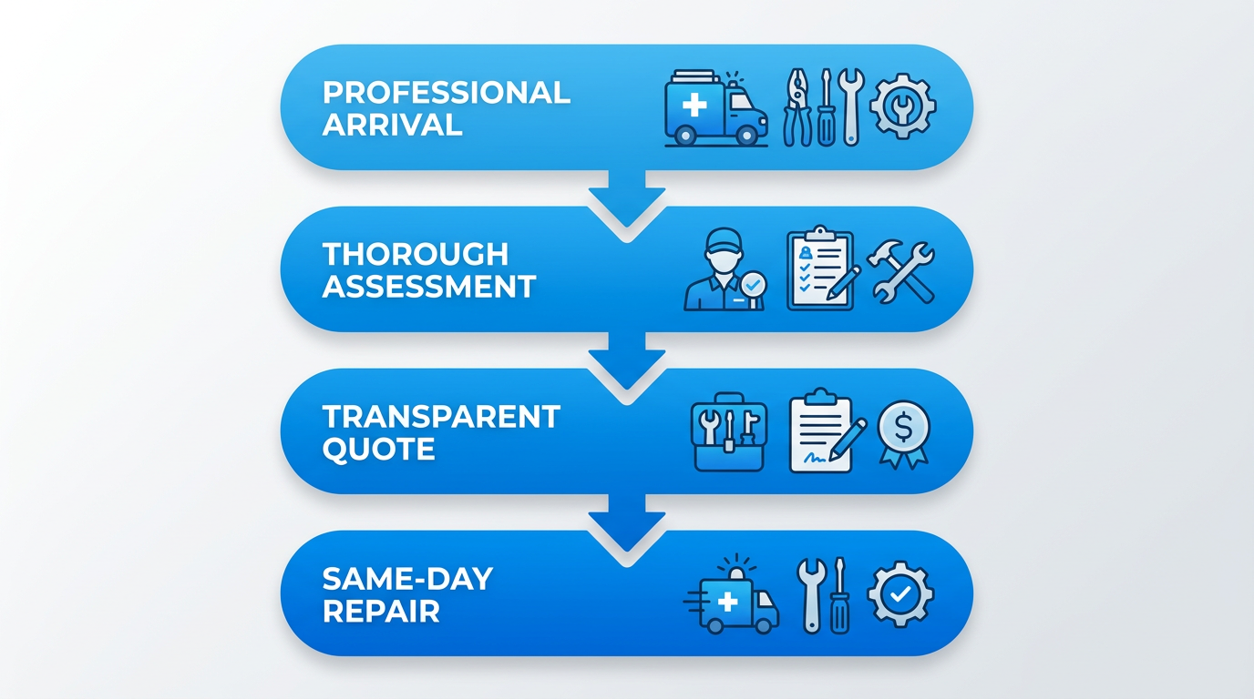 Vertical process flow showing four stages: Professional Arrival, Thorough Assessment, Transparent Quote, and Same-Day Repair with blue gradient cards connected by arrows.