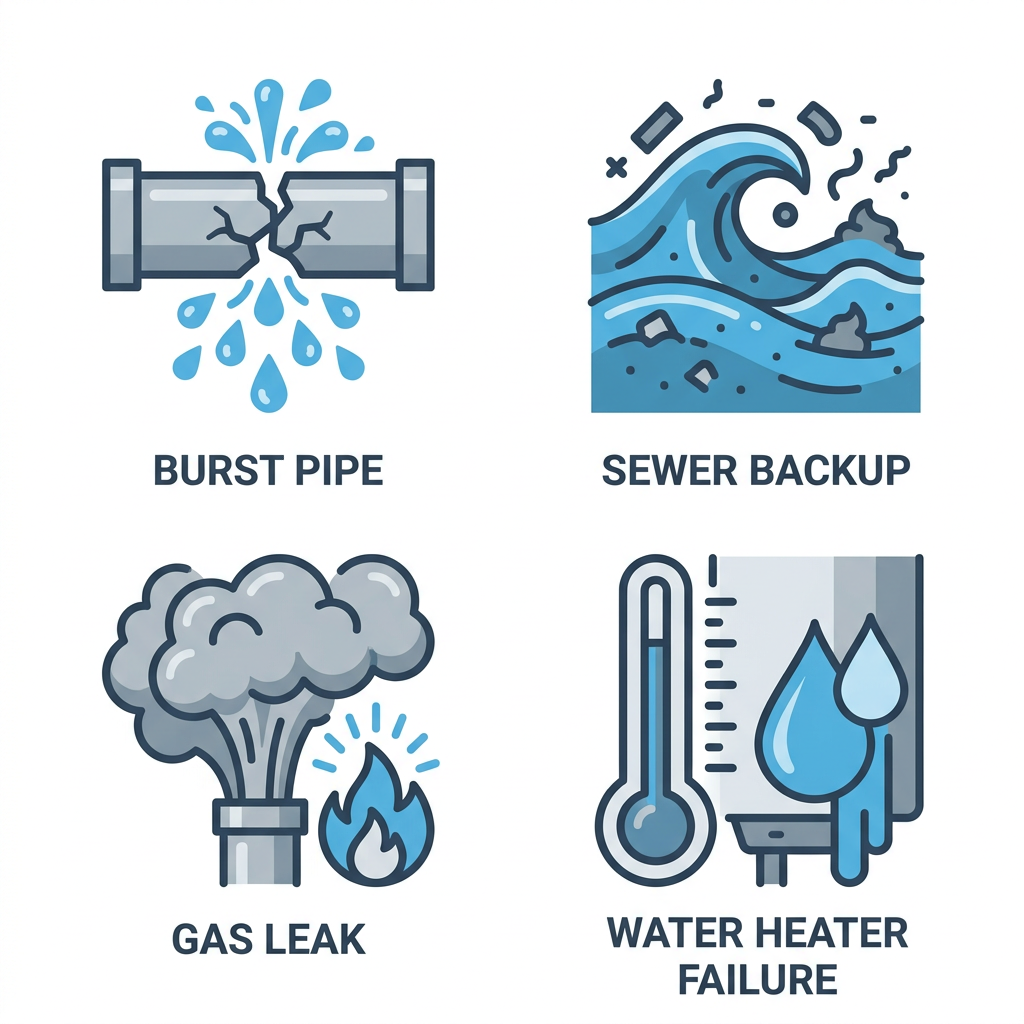 Set of four flat icons for plumbing emergencies: burst pipe, sewer backup, gas leak, water heater failure.