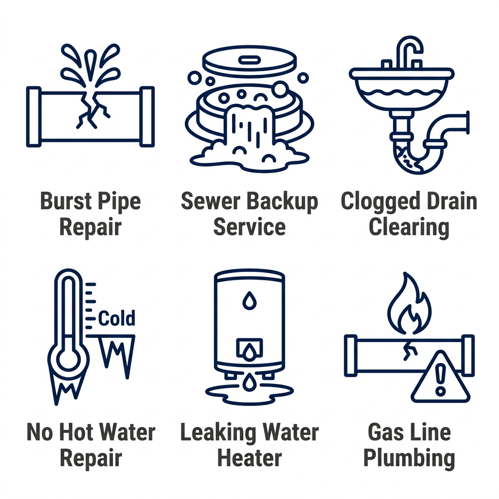 Grid of six outlined icons representing plumbing emergencies: burst pipe, sewer backup, clogged drain, no hot water, water heater leak, and gas line issue, each with a label in dark gray.