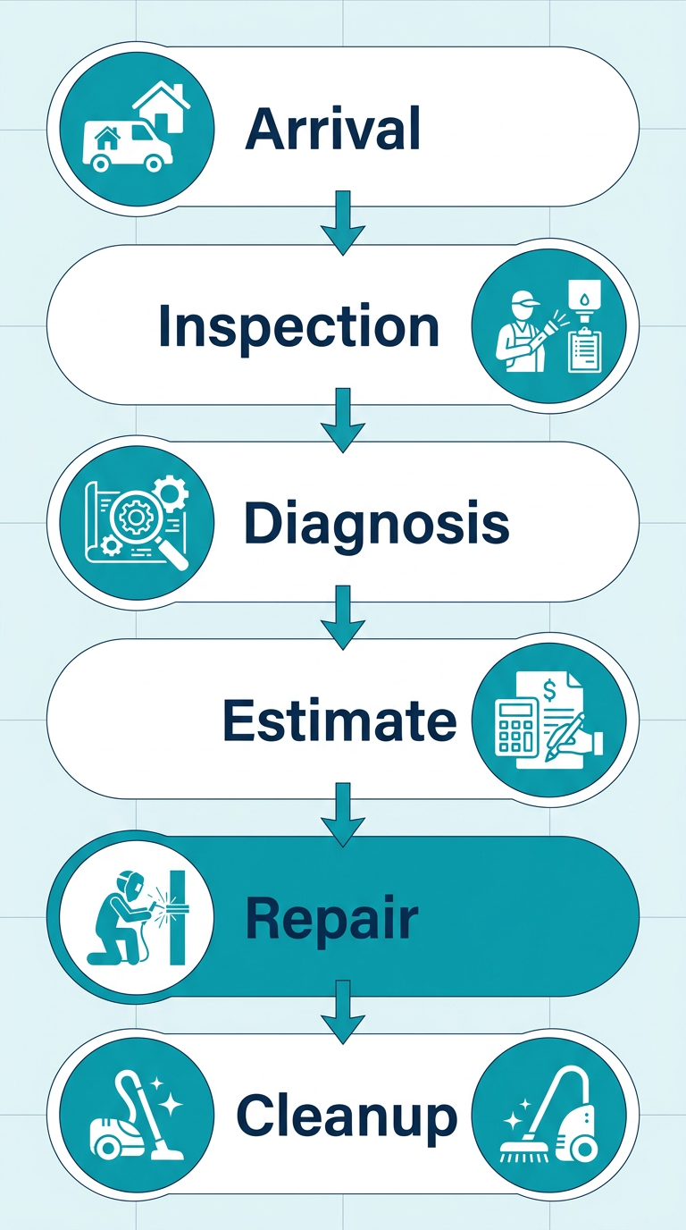 Vertical process flow showing 6 stages of technician service in Rio Rancho: Arrival, Inspection, Diagnosis, Estimate, Repair, and Cleanup.