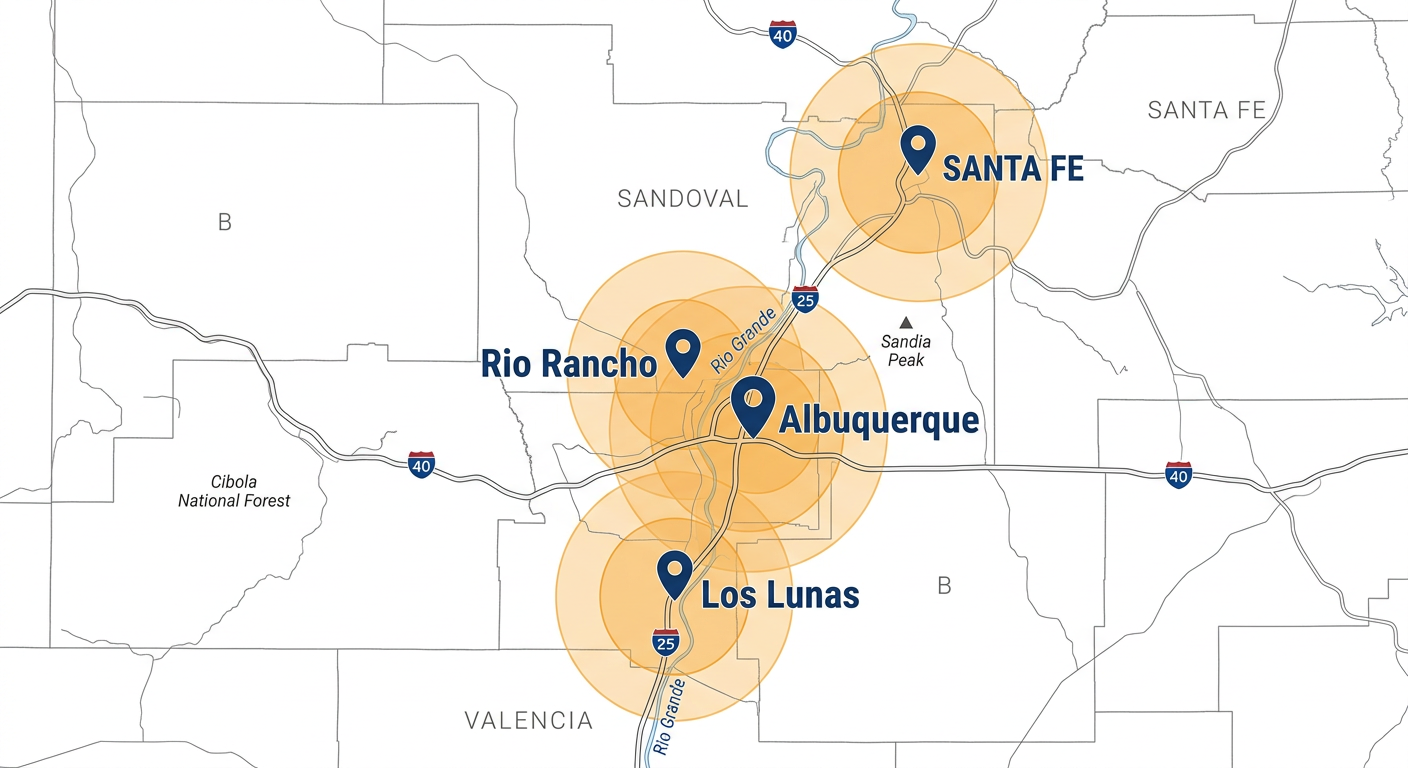 Outlined map of central New Mexico showing service cities Albuquerque, Los Lunas, Rio Rancho, and Santa Fe with location pins and translucent rings indicating rapid response zones.